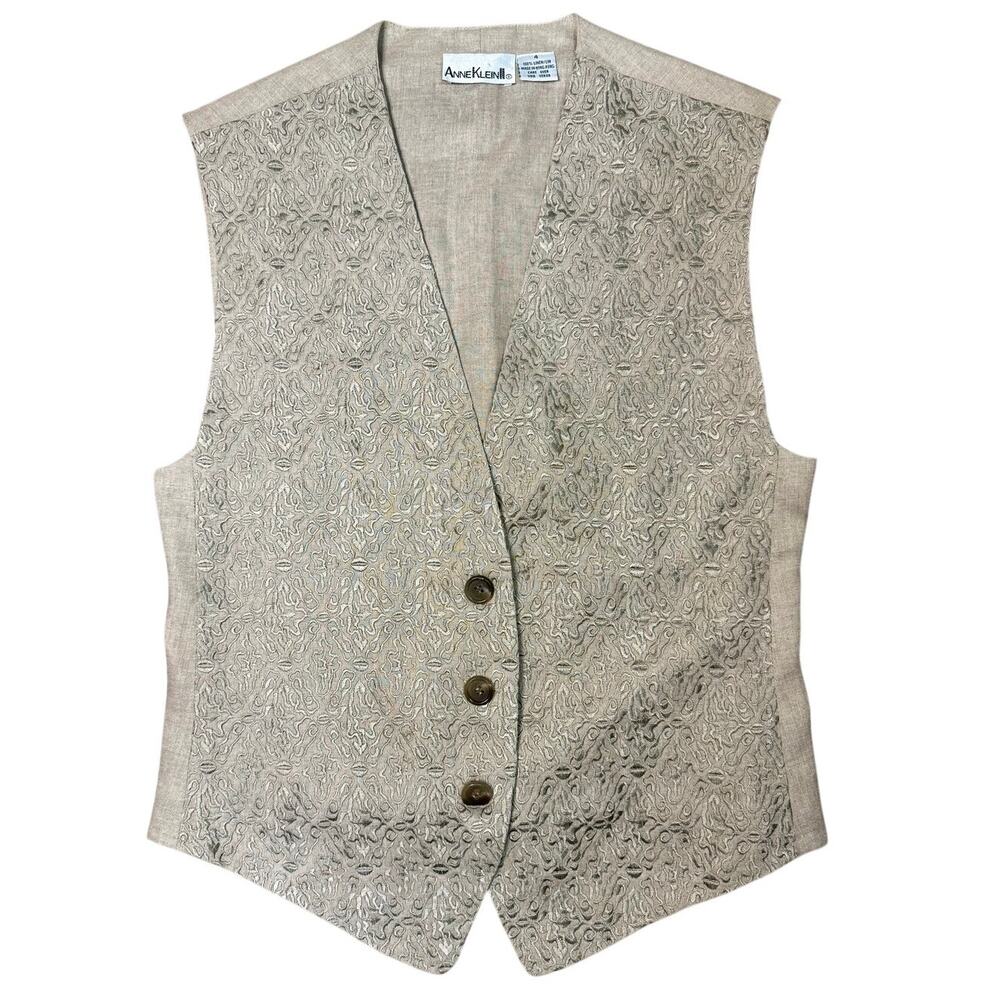 Anne Klein Linen Embroidered Vest, Fits Small-Med | Beige/Taupe Sleeveless Top
